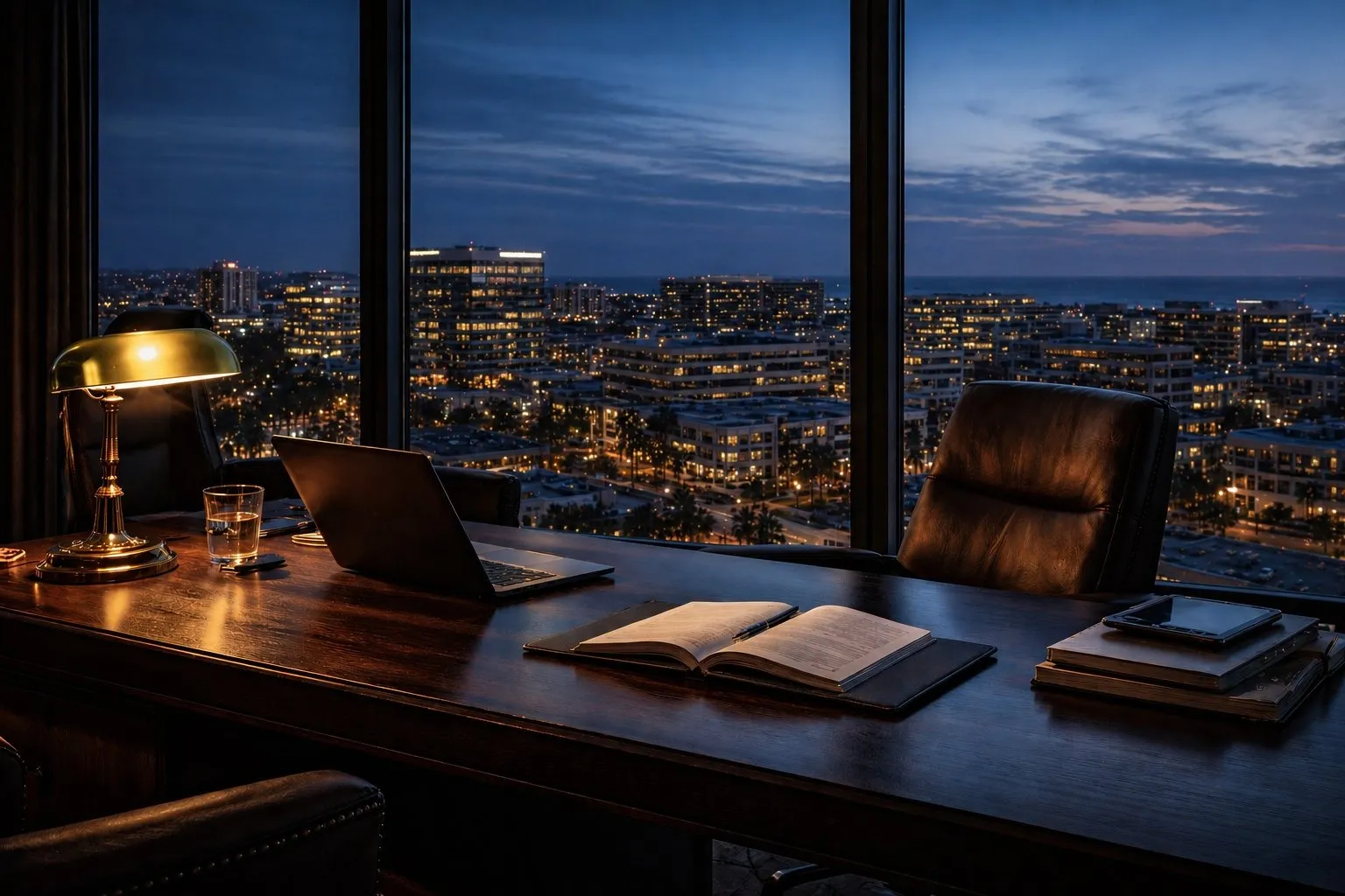 Executive office at dusk overlooking a Newport Beach skyline
