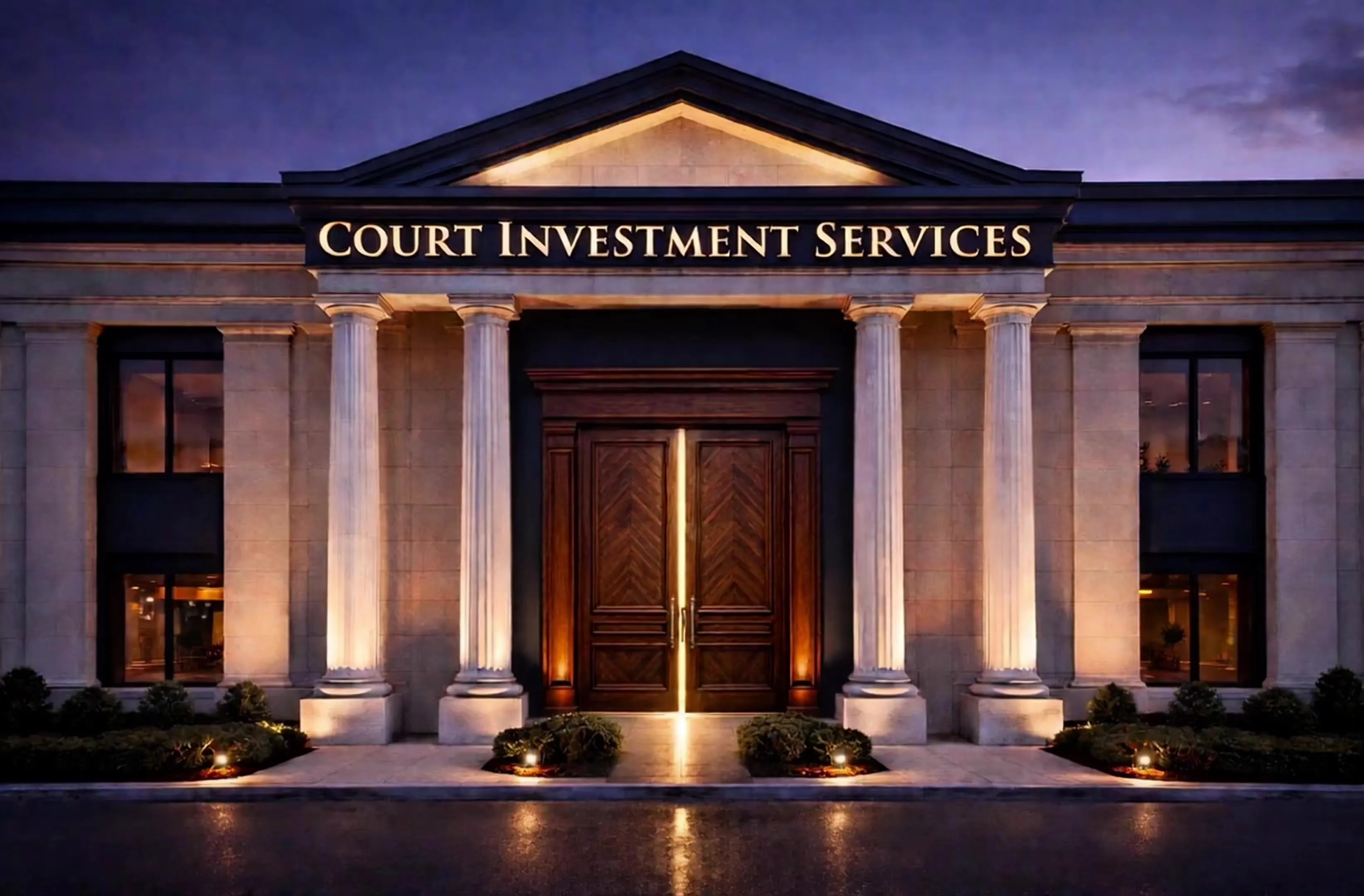 Court Investment Services, classical columned facade illuminated at dusk